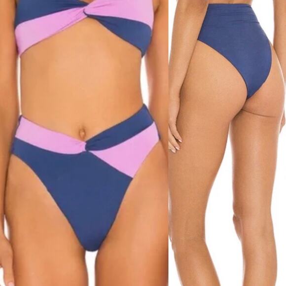 L*SPACE Nancy Lee High Waisted Bikini Bottoms In Indigo Rosebud Size Medium New - Picture 1 of 9
